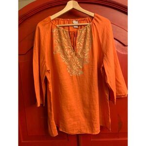 NWT Chico's Size 2 Large 12 Orange Linen Peasant Top Gold Lace Trim Tunic Boho